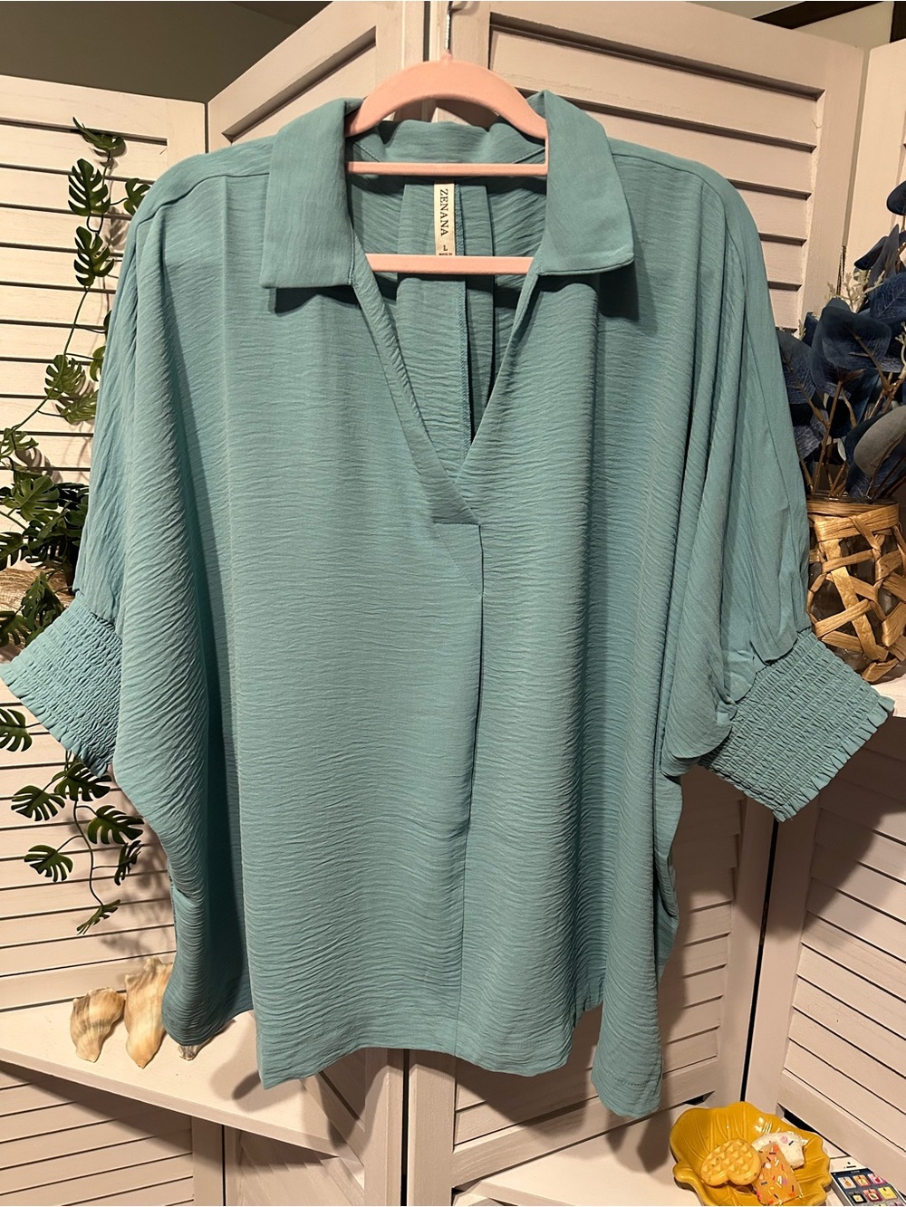 Zenana Light Teal Crinkle Blouse Smocked Cuffs Oversized Collared Top - Picture 2 of 5
